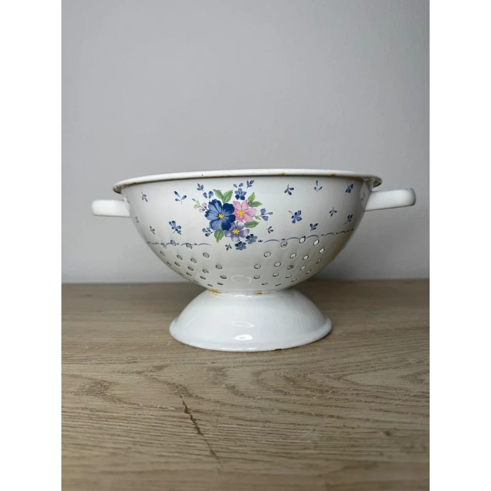 Vintage Floral Enamel Colander White Footed‎ Strainer Farmhouse Cottage 9.5 Inch